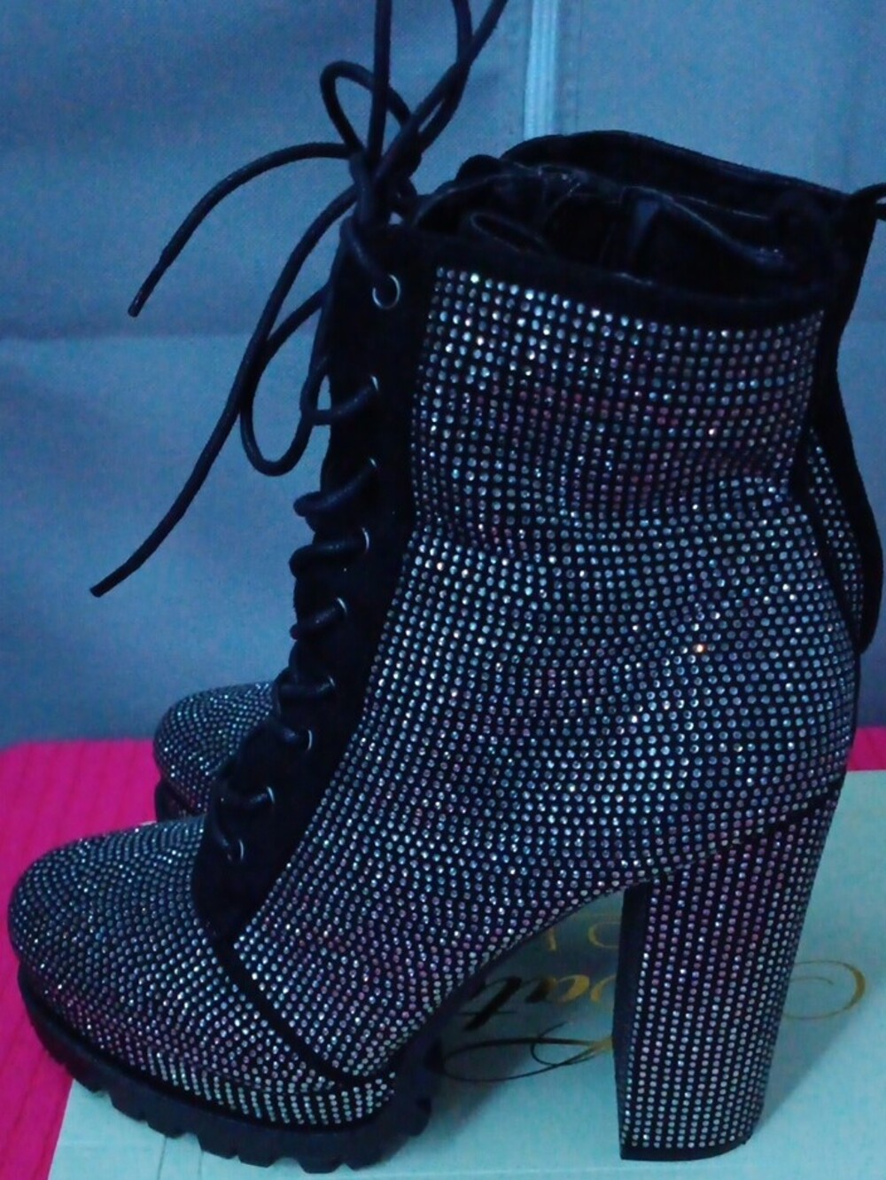 Rhinestone Platform Ankle Boots - Black - Picture 6 of 6